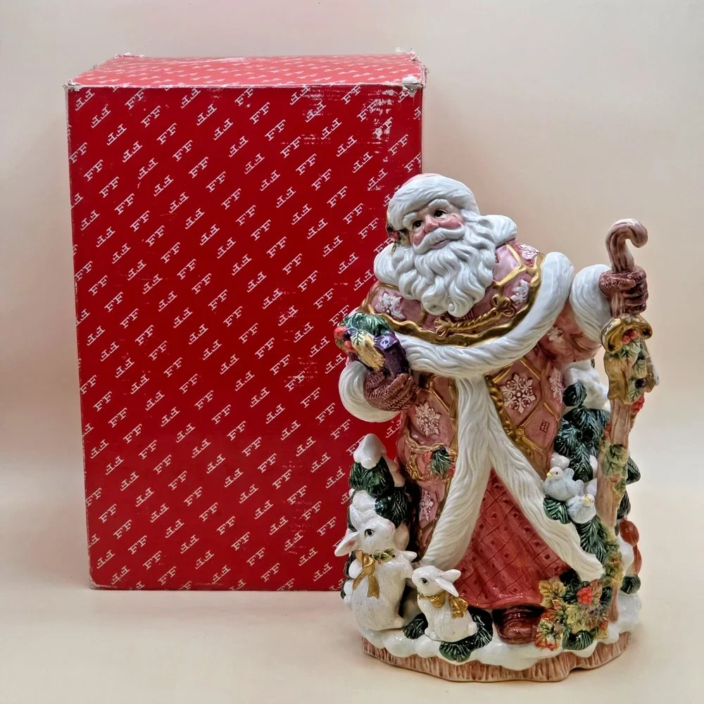 Vintage Fitz & Floyd Snowy Woods Santa Centerpiece Vase 1996 w/ Box 19/1207